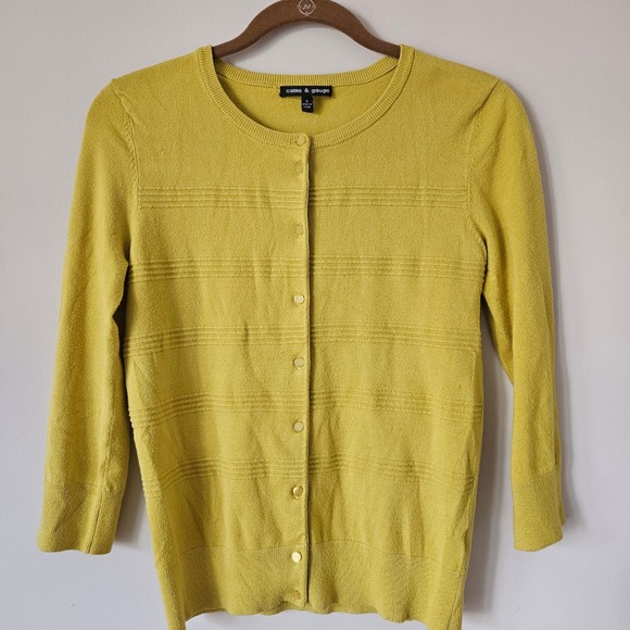 Cable & Gauge Sweaters - Cable & Gauge Cardigan Womens Small Yellow 3/4 Sleeve Textured Knit Sweater
